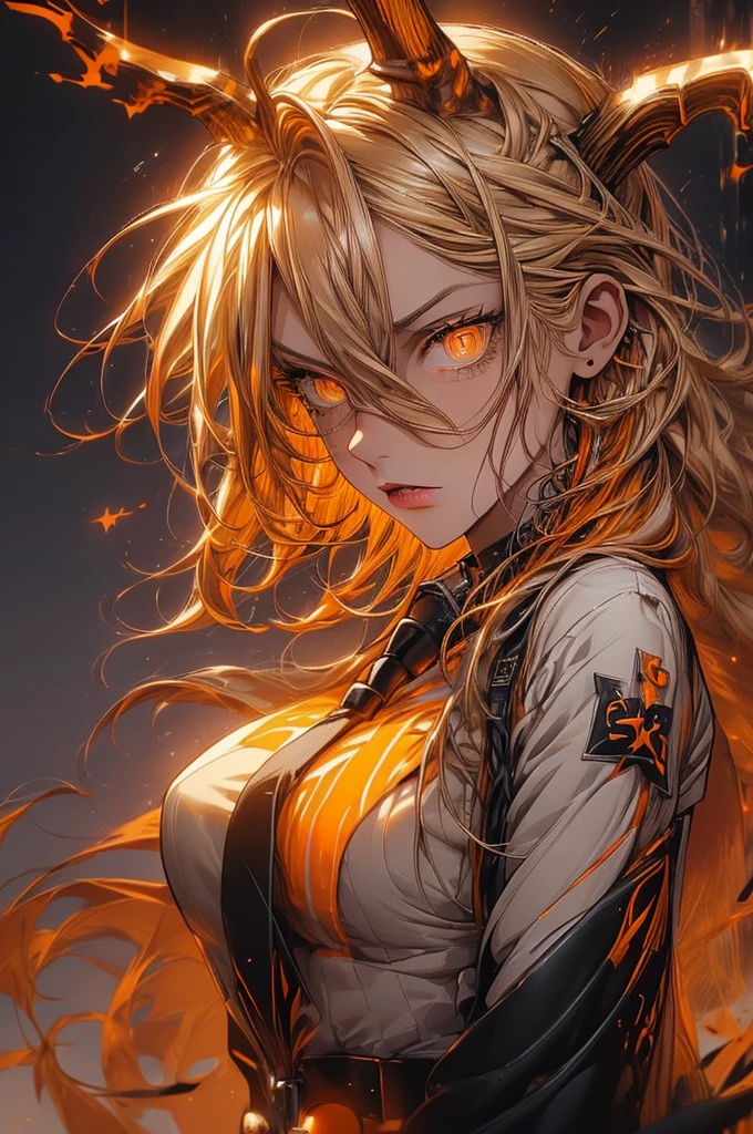 (masterpiece, top quality, best quality, official art, beautiful and aesthetic:1.2), (1girl:1.3), glitch art, (digital distortion), pixelated fragments, data corruption,colorful noise, visual chaos,contemporary aesthetics,happy (blonde hair:1.2), white shirt, black necktie, black pants, close-up,(red horns, symbol-shaped pupils, cross-shaped pupils, orange eyes,), solo, (glowing orange eyes: 1.4), medium breasts, cowboy shot, stare, looking at viewer, (interview:1.3), high resolution, (looking at viewer:1.15)