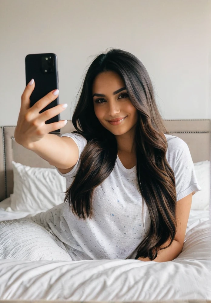 A Latina woman with long dark hair, dressed casually, is taking a selfie while sitting on her bed in a bedroom. The room is cozy and intimate, with soft lighting, decorative pillows, and a stylish bedspread. She has a poised, beautiful body with thick legs and a curvy appearance. Her figure is stacked, and she has a gorgeous face with minimal, natural makeup. She is holding her phone up and smiling naturally for the selfie, exuding confidence and warmth as she captures the moment. Ensure that there are no visual bugs or distortions on her hands, feet, or any part of her body. The atmosphere is relaxed and inviting, capturing the comfort and intimacy of a private bedroom.