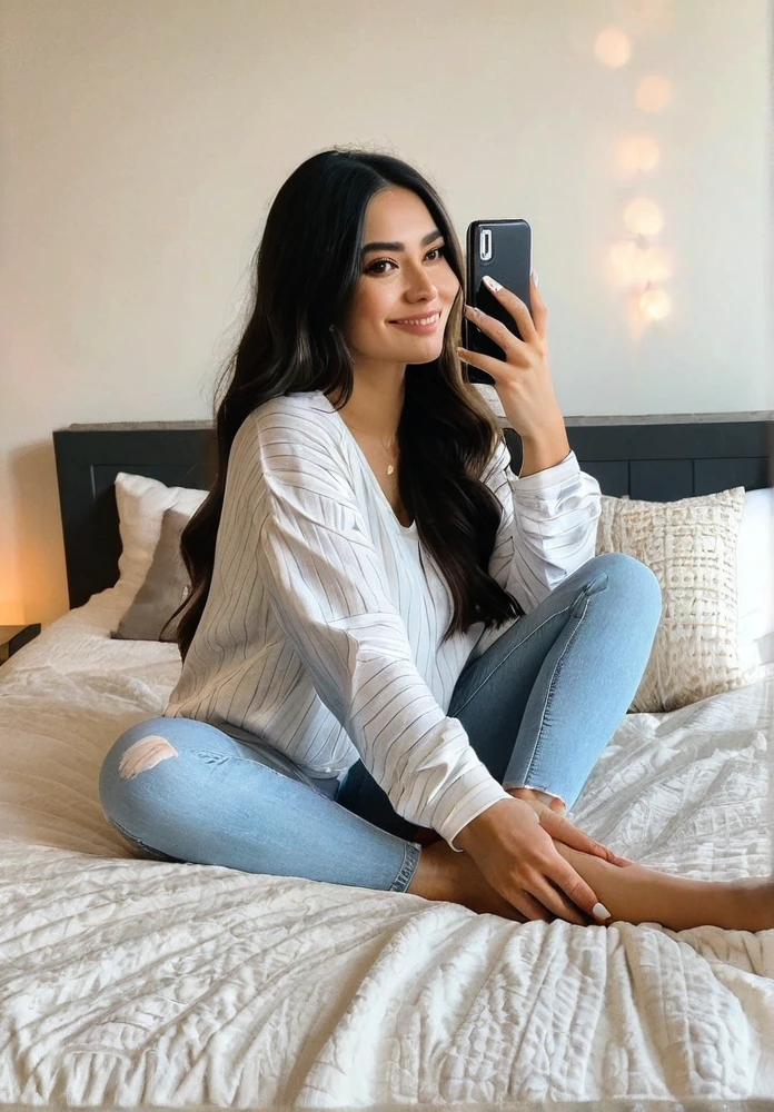 A Latina woman with long dark hair, dressed casually, is taking a selfie while lying on her bed in a cozy and intimate bedroom. The room features soft lighting, decorative pillows, and a stylish bedspread. She has a curvy body with thick legs and a beautiful face with minimal, natural makeup. She is holding her phone up with one hand, looking directly at the camera, and smiling naturally. The atmosphere is relaxed and inviting, capturing the comfort and intimacy of a private bedroom. Ensure that there are no visual bugs or distortions on her hands, feet, or any part of her body.