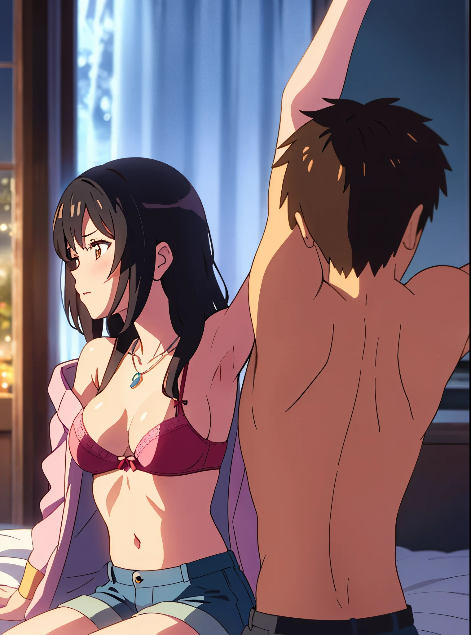 shinkai makoto, Kimi No Na Wa., 1 boy, Shaved head, , Boys are behind girls, Touching the chest, Rubbing breasts from behind, grab, grabbing chest,chestgrab behind back, Remove your bra, Hold the bra, Embrace, Embrace, Kiss on the neck, One girl, Black Hair, Waterfall knitting, Red ribbon, Long Hair, Brown eyes, blue star necklace, Light Cardigan Pink, Open shirt, Yellow shirt Open shift, belly button, cute, Open your mouth, whole body, Long sleeve, Cowboy Shot, masterpiece, On a date, Blushing, Bedroom, night, Sit on the bed , Shaved head,Topless,Nipples are erect,Armpit sweat,Shyness,clear,High exposure,Having my armpits licked,His arms are tied and he is hanging from a rope、A beautiful adult woman with long hair、sexy shorts