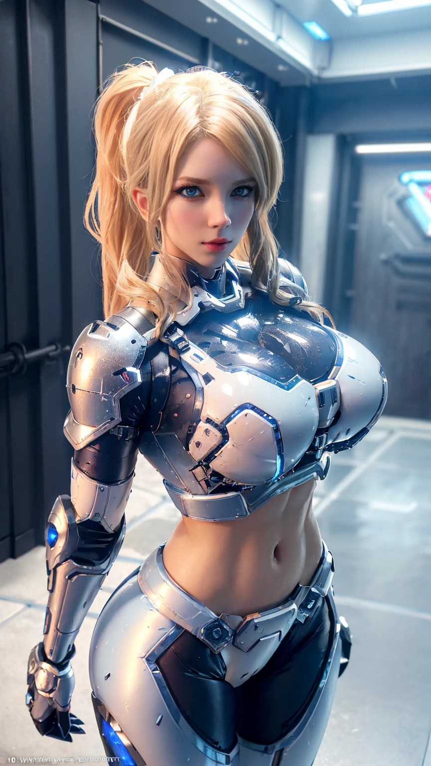 ((NSFW BUSTY MILF BLOND LONG WAVY HAIR:1.3)), CLOSEUP UPPER BODY,SOLO, ((COWBOY SHOT:1.4)), ((HUGE FAKE BREASTS:1.5)), ((CLEAVAGE,11 LINE ABS:1.5)), ((WEARING OUTFIT METAL BLUE, WHITE CROP TOP FROM OVERWATCH, IN FUTURISTIC ARMOR, GIRL IN MECHA CYBER ARMOR:1.5)), (WET ATHLETIC FEMALE BODY SHAPE:1.5), (CLEAN GLOSSY BODYSKIN:1.4), (BACKGROUND FUTURISTIC SPACE STATION:1), (PHOTOREALSITIC:1.4), (ULTRA-DETAILLIERT), (TOP-QUALITY), (BEST SHADOWS), BRIGHT LIGHT IN ROOM, HYPER TEXTURE, (4X MSAA), ((UNREAL ENGINE 5 RENDER)), (NEON), PHYSICALLY-BASED RENDERING, ULTRA HIGHT DEFINITION, 16K, 1080P.