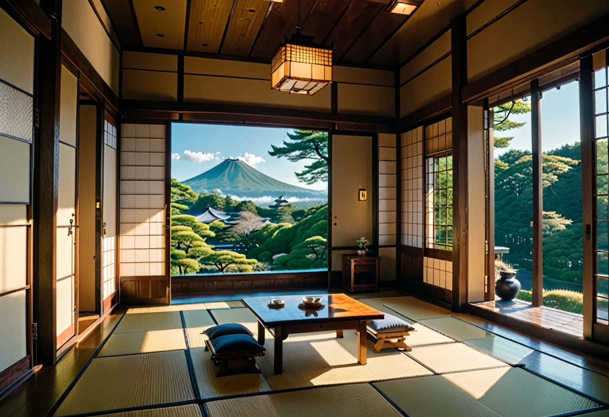 real, another world, inside a building, inside a Japanese castle,
a warm room with a view outside,
a quiet time surrounded by rich nature
((best masterpiece, high resolution, high image quality, 8K)), Calm time. summer morning.