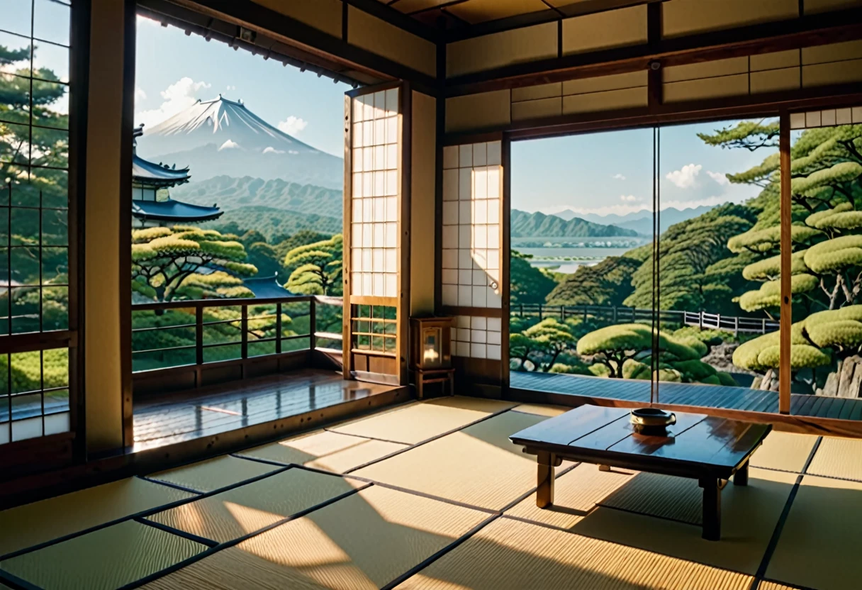 real, another world, inside a building, inside a Japanese castle,
a warm room with a view outside,
a quiet time surrounded by rich nature
((best masterpiece, high resolution, high image quality, 8K)), Calm time. summer morning.