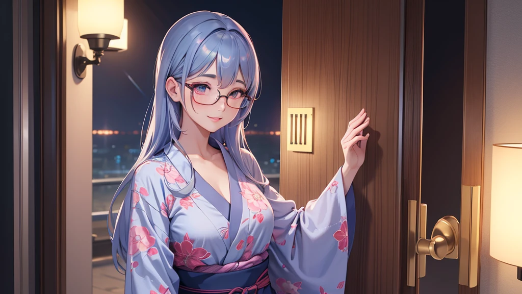 1 girl, full body stand, glasses, ideal breasts, unbuttoned yukata, loose hair, smile, open the door for you, face blush, night light, detailed anime face, beautiful eyes, detailed hand, long eyelashes, detailed lips, detailed skin, intricate details, elegant, beautiful lighting, cooled colors, cinematic, soft focus, masterpiece, 8k, ultra-detailed, (best quality, 4k, 8k, highres, masterpiece:1.2), ultra-detailed