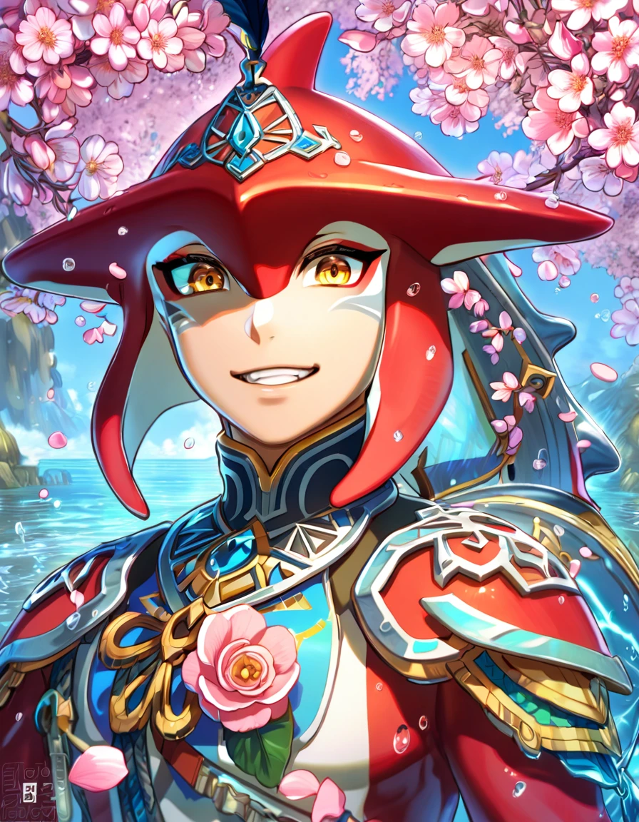 absurdres, highres, ultra detailed, HDR, master piece, best quality, perfect face, delicated features, red Zora, Sidon, expressive yellow eyes, The Legend Of Zelda Breath Of The Wild, solo, handsome, smiling, zora domain, pink blossoms, pink flowers, water, fantasy