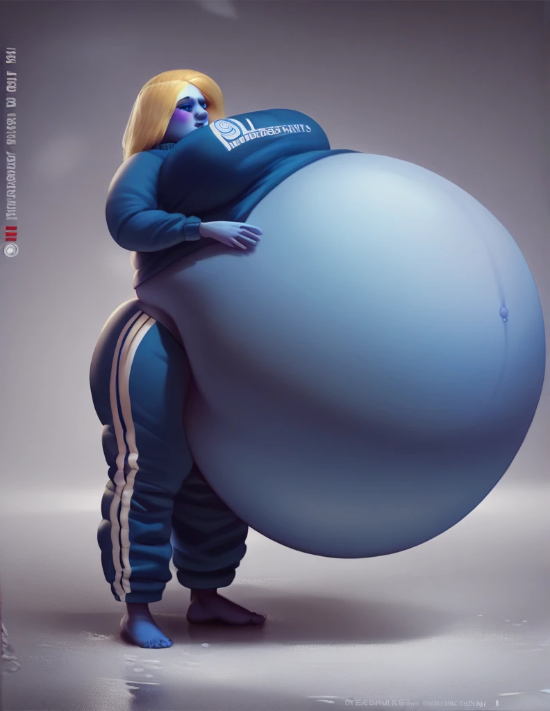 score_9, score_8_up, score_7_up, score_6_up, score_5_up, score_4_up, desolate, detailed background, female, blonde bob, blue tracksuit, inflating, hyper belly, heliumbelly, blue skin, by borisalien  