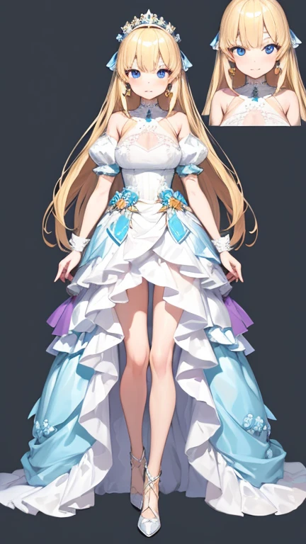 charturnerv2, 1girl, full body, blonde hair, long hair, blue eyes, white dress with blue details, princess, same outfit, concept-art, full body, detail_face, line_sketch, PlanIt, official art, official alternate costume, design style, multi style, detail character, 4_side, original, 8K GC, massive detail, multiple views of the same character, no background, only detail character, technical illustration, multiple views,masterpiece,best quality