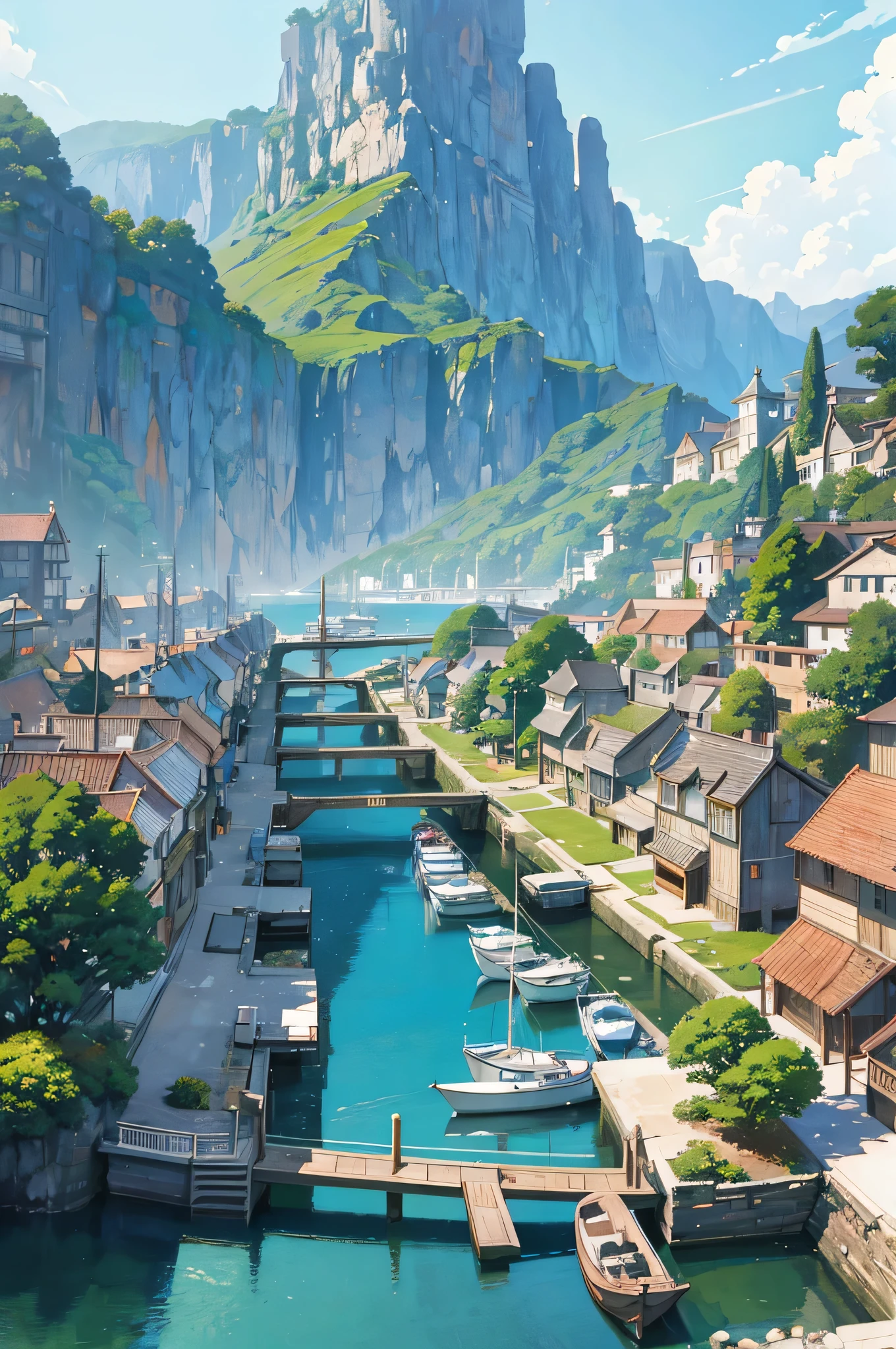 Idyllic coastal town drawn in a detailed ghibli art illustration style, bathed in sunlight, featuring European-style houses with terracotta roofs, a serene waterfront with wooden docks and anchored boats, and vintage cars parked along the wharf, set against a backdrop of lush foliage and distant mountains. Ghibli Studio anime style, Anime set concept art, Anime background design, Anime sets, Beautiful anime scene, Ghibli atmosphere, Ghibli Moebius, Greg Rutkowski Studio Ghibli