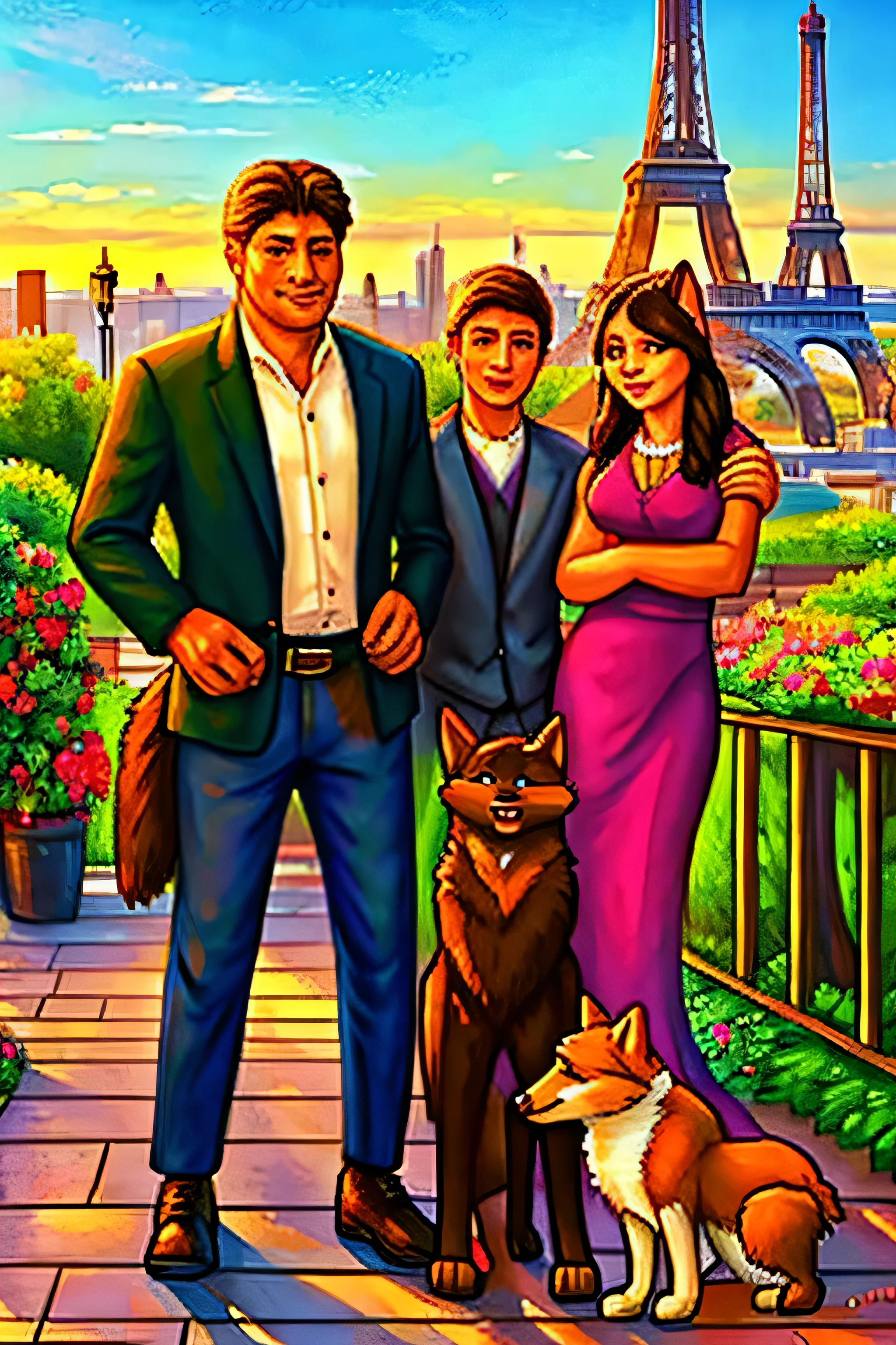 A family , Dad , mom and son and their two cats and Alaskan malamute dog in the city of Paris , with an impressionist style