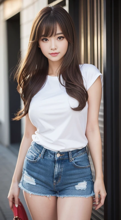 Highest quality, 8K, masterpiece :1.3)), whole body, Sharp focus :1.2, Beautiful woman with perfect figure :1.4, Slim Abs :1.2, ((Dark brown hair, Big Breasts :1.2)), (masterpiece:1.3), (8K, Photorealistic, Raw photo, Best image quality: 1.4), Japanese schoolgirl、Super detailed face、Attention to detail、double eyelid、Put your chest together、Sharp focus:1.2、Beautiful woman:1.4、Light brown hair、Highest quality、masterpiece、Ultra-high resolution、(Photorealistic:1.4)、Highly detailed and professionally lit smile、Tight T-shirt、Denim shorts、thin、Serious expression、Beautiful short hair hairstyle、Beautiful Hair、whole body写真