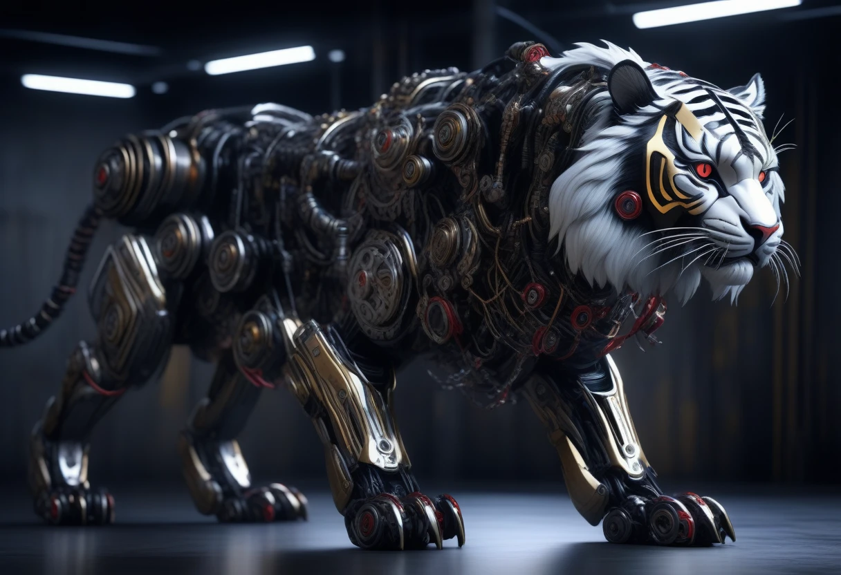 Ultra-realism, ((Masterpiece)), ((Best Quality)), (Very Detailed), ((Very Detailed)), 4K, (8K), very aesthetic, absurdres highres, Ultra-high detailed mechanical tiger robot with realistic metallic textures, chrome, stainless steel, and brass surfaces, exposed precise gears and pistons, intricate and detailed wiring and tubing, robust mechanical armor plates, glowing red eyes, realistic shadows and reflections, detailed surface scratches and wear, body kept low, front legs extended, hind legs on the ground, eyes sharply open, simple studio background.