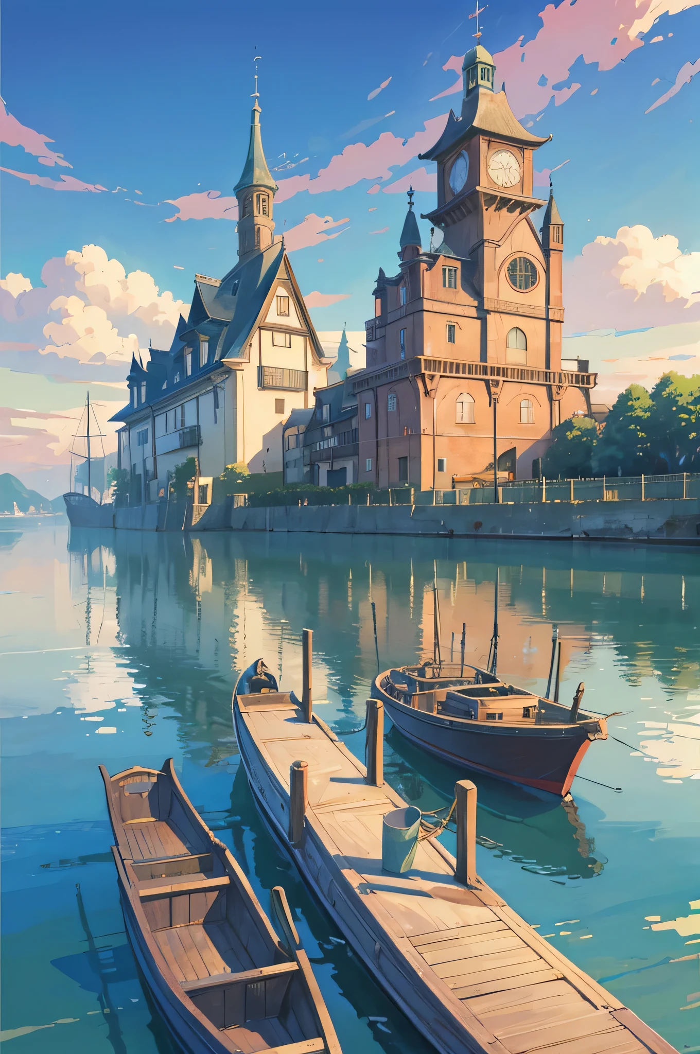 Idyllic coastal town drawn in a detailed ghibli art illustration style, bathed in sunlight, featuring European-style houses with terracotta roofs, a serene waterfront with wooden docks and anchored boats, and vintage cars parked along the wharf, set against a backdrop of lush foliage and distant mountains. Ghibli Studio anime style, Anime set concept art, Anime background design, Anime sets, Beautiful anime scene, Ghibli atmosphere, Ghibli Moebius, Greg Rutkowski Studio Ghibli