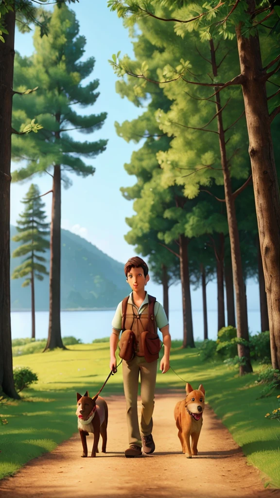 a man walking his dog in a lush green forest, realistic, highly detailed, 8k, photorealistic, professional photography, beautiful natural lighting, warm tones, vibrant colors, detailed textures, fluffy dog, man wearing casual clothes, gentle expression, relaxed pose, sunlight filtering through the trees, bushes and flowers in the foreground, scenic overlook in the background