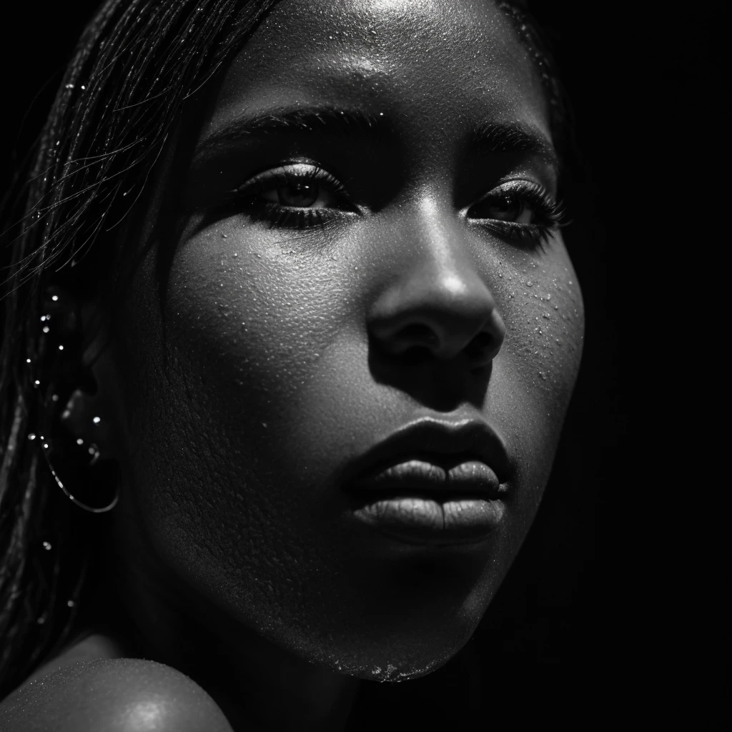 a beautiful black girl with a water teardrop running down her face and a black background, inspired by casey baugh, light falling on face, by casey baugh, stars in her gazing eyes, inspired by Roy DeCarava, noir photorealism, mysterious portrait of a woman, inspired by Anna Füssli, chiaroscuro portrait, grainy black and white photo. close up on side profile