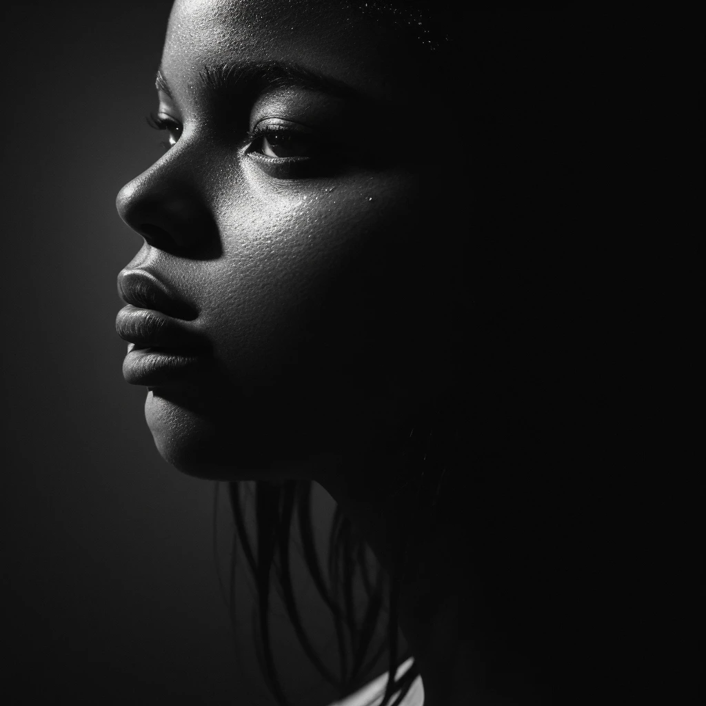 a beautiful black girl with a water teardrop running down her face and a black background, inspired by casey baugh, light falling on face, by casey baugh, stars in her gazing eyes, inspired by Roy DeCarava, noir photorealism, mysterious portrait of a woman, inspired by Anna Füssli, chiaroscuro portrait, grainy black and white photo. close up on side profile