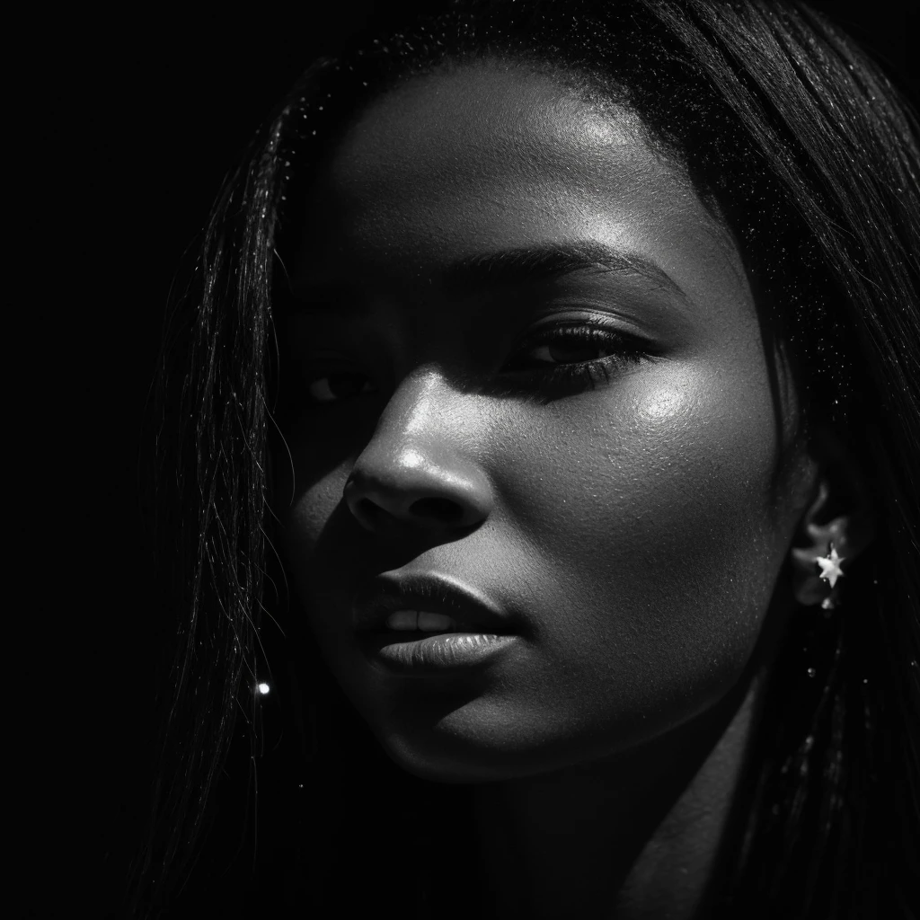 a beautiful black girl with a water teardrop running down her face and a black background, inspired by casey baugh, light falling on face, by casey baugh, stars in her gazing eyes, inspired by Roy DeCarava, noir photorealism, mysterious portrait of a woman, inspired by Anna Füssli, chiaroscuro portrait, grainy black and white photo. close up on side profile