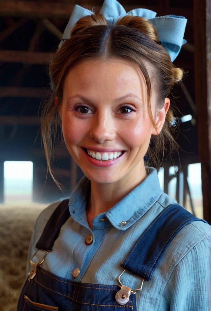 high resolution close up headshot portrait of m1ag0th woman,hair bun tied with bow,wearing sky blue shirt and dark denim overalls,smiling,masterpiece,surreal lighting,volumetric lighting,volumetric fog,boked,depth of field,cinematic,barn interior background