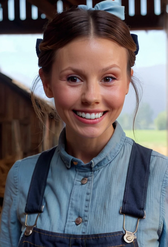 high resolution close up headshot portrait of m1ag0th woman,hair bun tied with bow,wearing sky blue shirt and dark denim overalls,smiling,masterpiece,surreal lighting,volumetric lighting,volumetric fog,boked,depth of field,cinematic,barn interior background