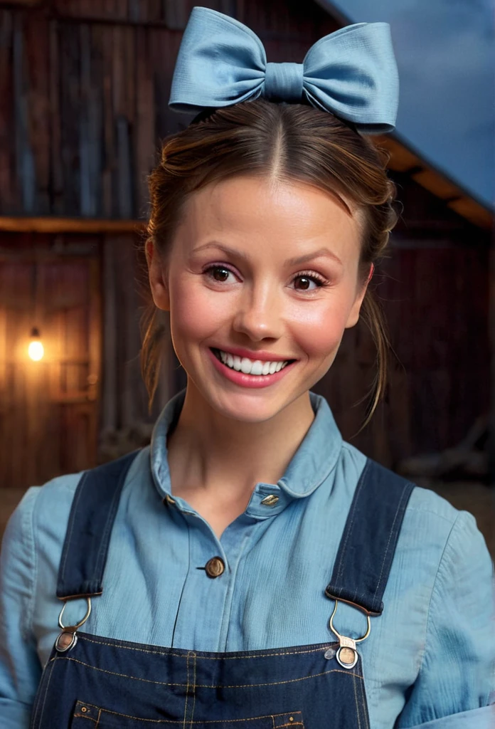 high resolution close up headshot portrait of m1ag0th woman,hair bun tied with bow,wearing sky blue shirt and dark denim overalls,smiling,masterpiece,surreal lighting,volumetric lighting,volumetric fog,boked,depth of field,cinematic,barn interior background