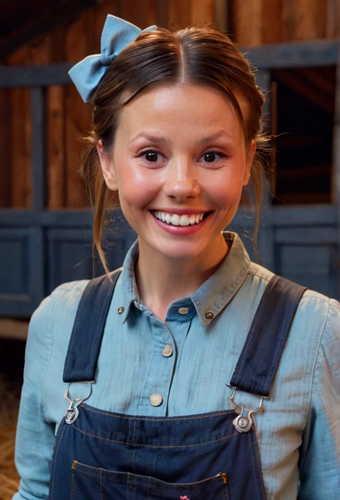 high resolution close up headshot portrait of m1ag0th woman,hair bun tied with bow,wearing sky blue shirt and dark denim overalls,smiling,masterpiece,surreal lighting,volumetric lighting,volumetric fog,boked,depth of field,cinematic,barn interior background