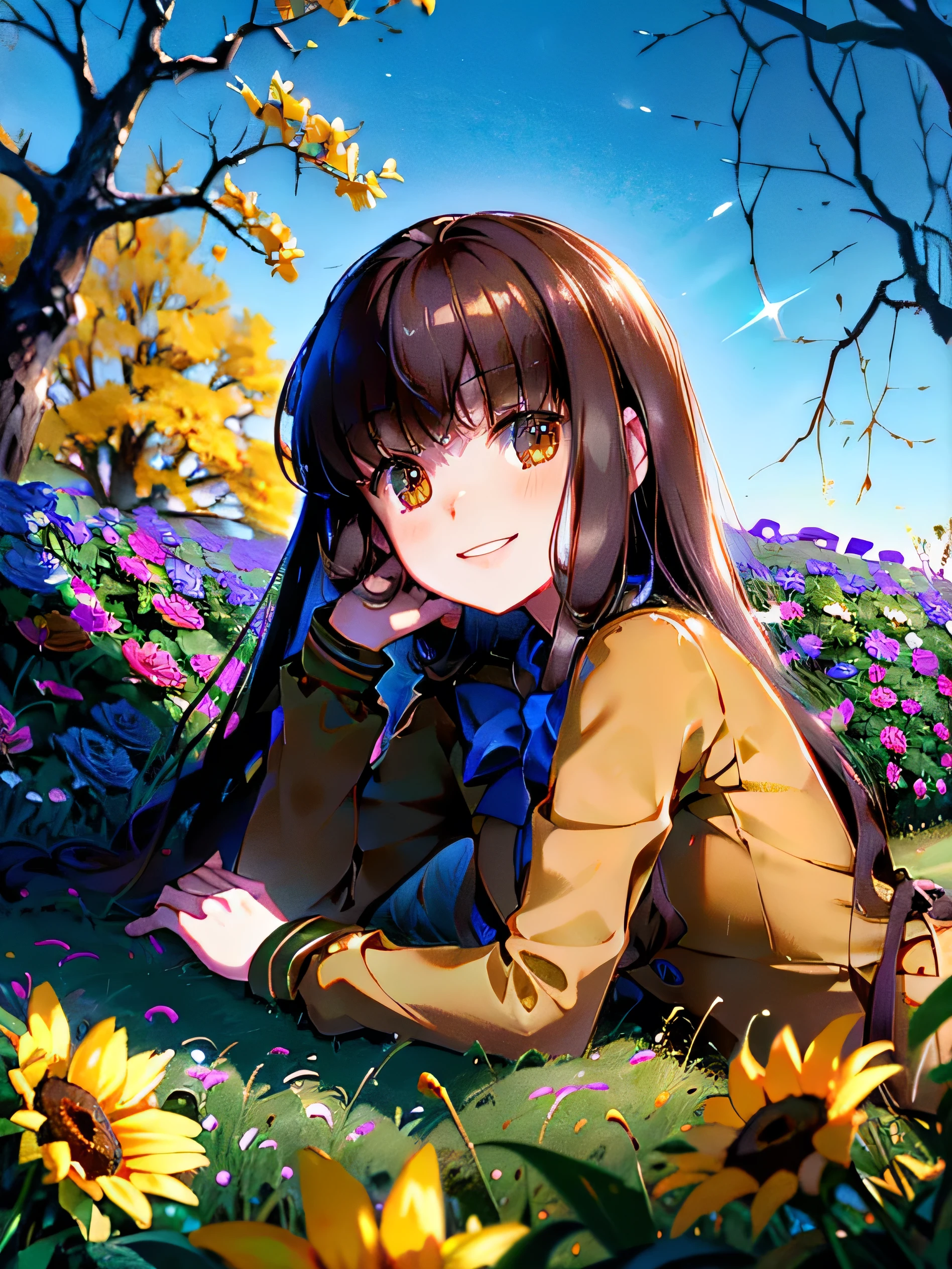 absurdres, uhd, best quality, CG, HDR, 1girl, hmkh1, brown hair, long hair, blue bowtie, blue bow, brown mini skirt, brown jacket, black pantyhose, smile, looking at viewer, laying in a field of flowers, laying down, fetal position, garden, daytime,