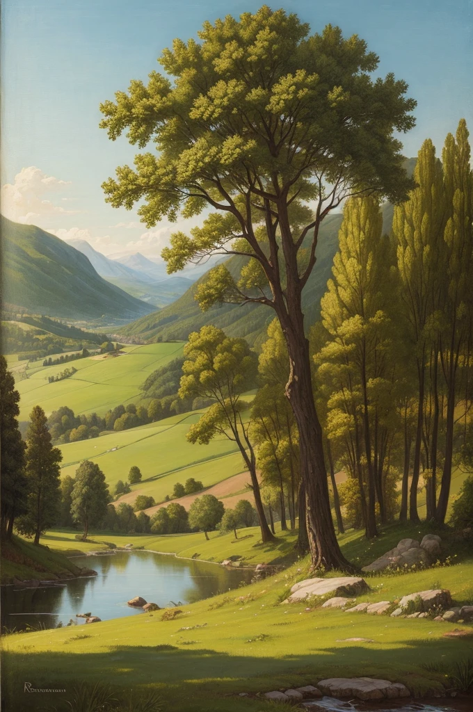 Create a painting of a landscape with Renaissance characteristics