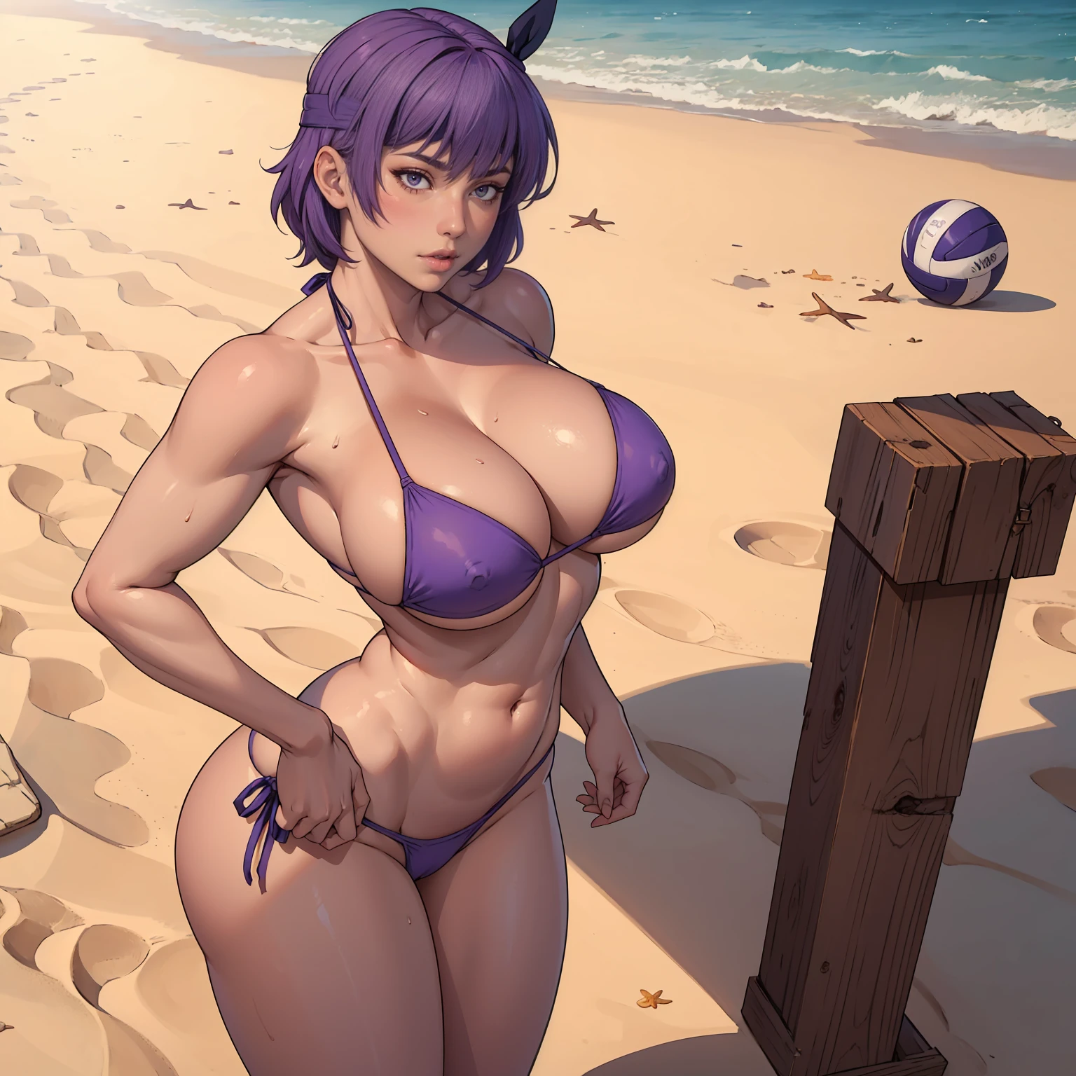 uploaded on e621, explicit content, 3d, (bastika, cutesexyrobutts, hioshiru), female, solo, ayane,  headband, beach setting, volley, (violet bikini:1.2), large breasts, natural breasts, milf, standing, three quarters portrait, closeup,