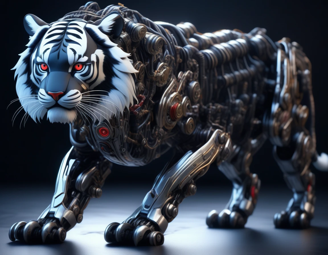Ultra-realism, ((Masterpiece)), ((Best Quality)), (Very Detailed), ((Very Detailed)), 4K, (8K), very aesthetic, absurdres highres, Ultra-high detailed mechanical tiger robot with realistic metallic textures, chrome, stainless steel, and brass surfaces, exposed precise gears and pistons, intricate and detailed wiring and tubing, robust mechanical armor plates, glowing red eyes, realistic shadows and reflections, detailed surface scratches and wear, body kept low, front legs extended, hind legs on the ground, eyes sharply open, simple studio background.