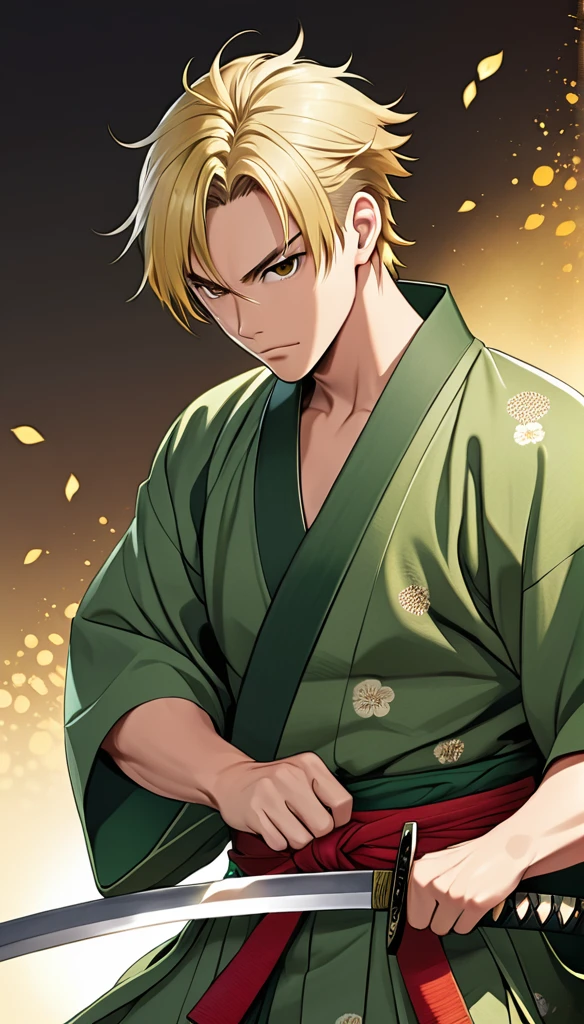 guy, short hair, blond, brown eyes, green kimono, haramaki, katana