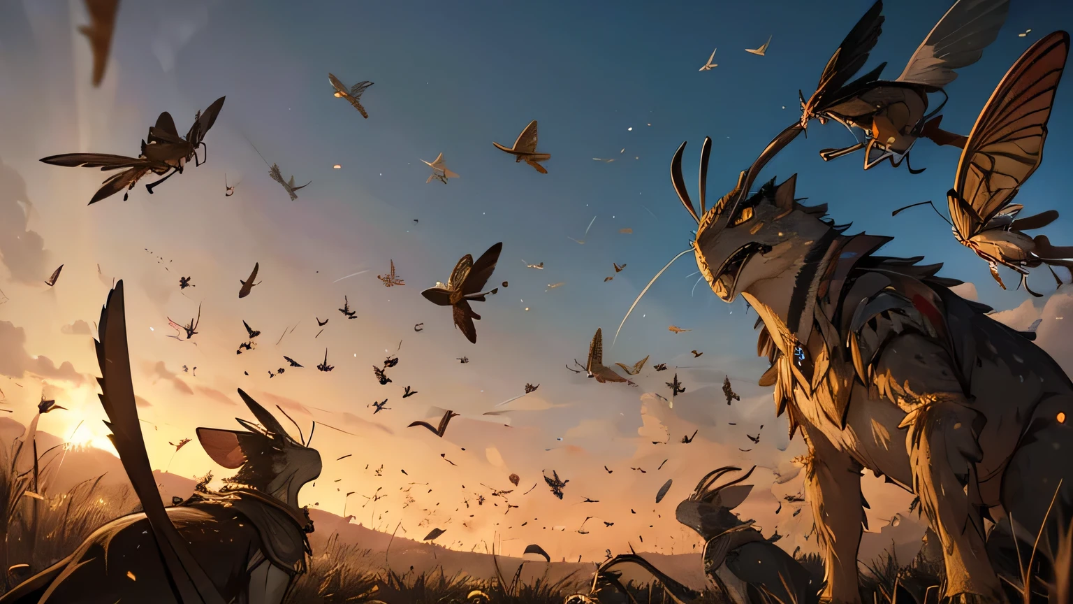 plague of thousands of grasshoppers and locusts flying in the sky of the 4th century BC
