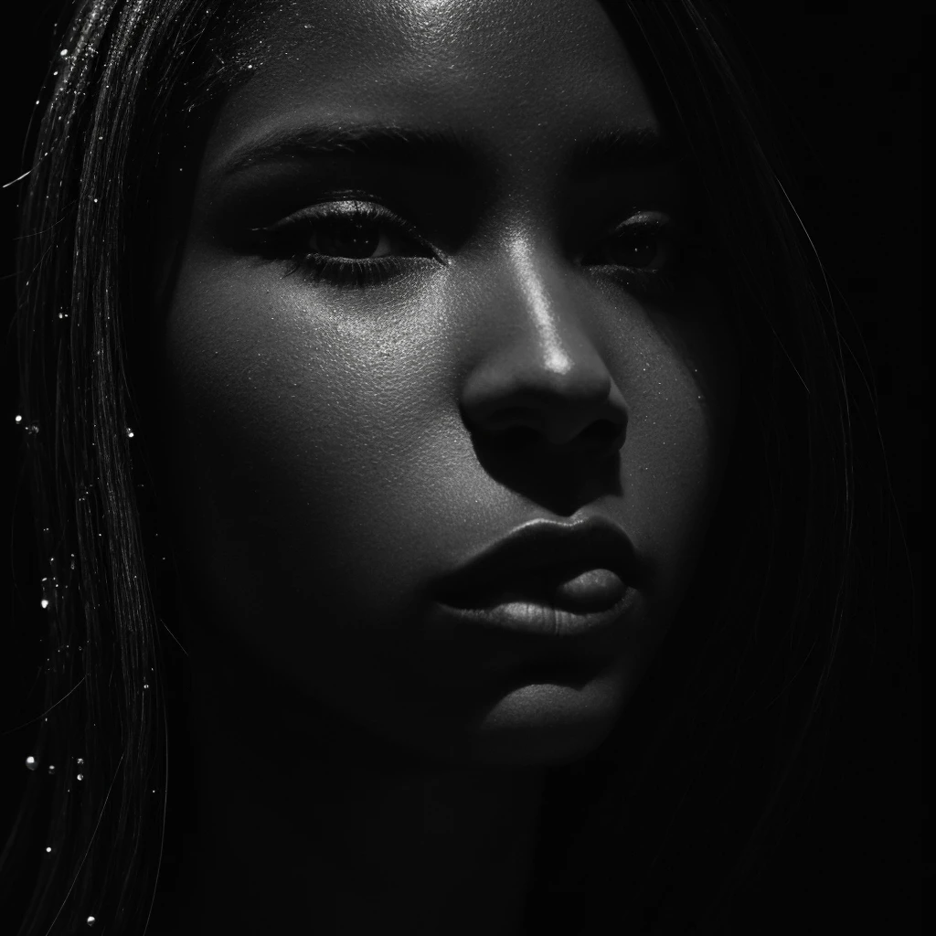 a beautiful black girl with a water teardrop running down her face and a black background, inspired by casey baugh, light falling on face, by casey baugh, stars in her gazing eyes, inspired by Roy DeCarava, noir photorealism, mysterious portrait of a woman, inspired by Anna Füssli, chiaroscuro portrait, grainy black and white photo. close up on side profile