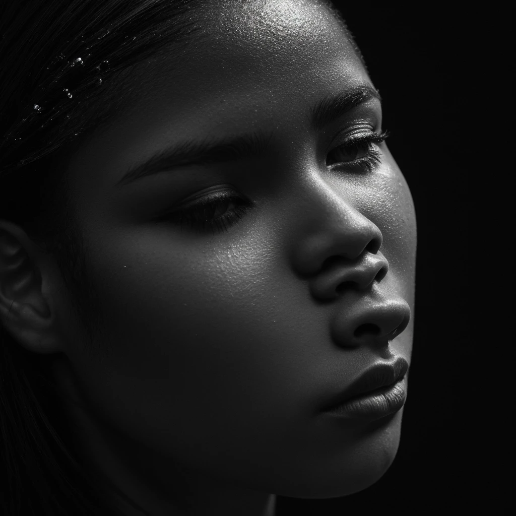a beautiful black girl with a water teardrop running down her face and a black background, inspired by casey baugh, light falling on face, by casey baugh, stars in her gazing eyes, inspired by Roy DeCarava, noir photorealism, mysterious portrait of a woman, inspired by Anna Füssli, chiaroscuro portrait, grainy black and white photo. close up on side profile