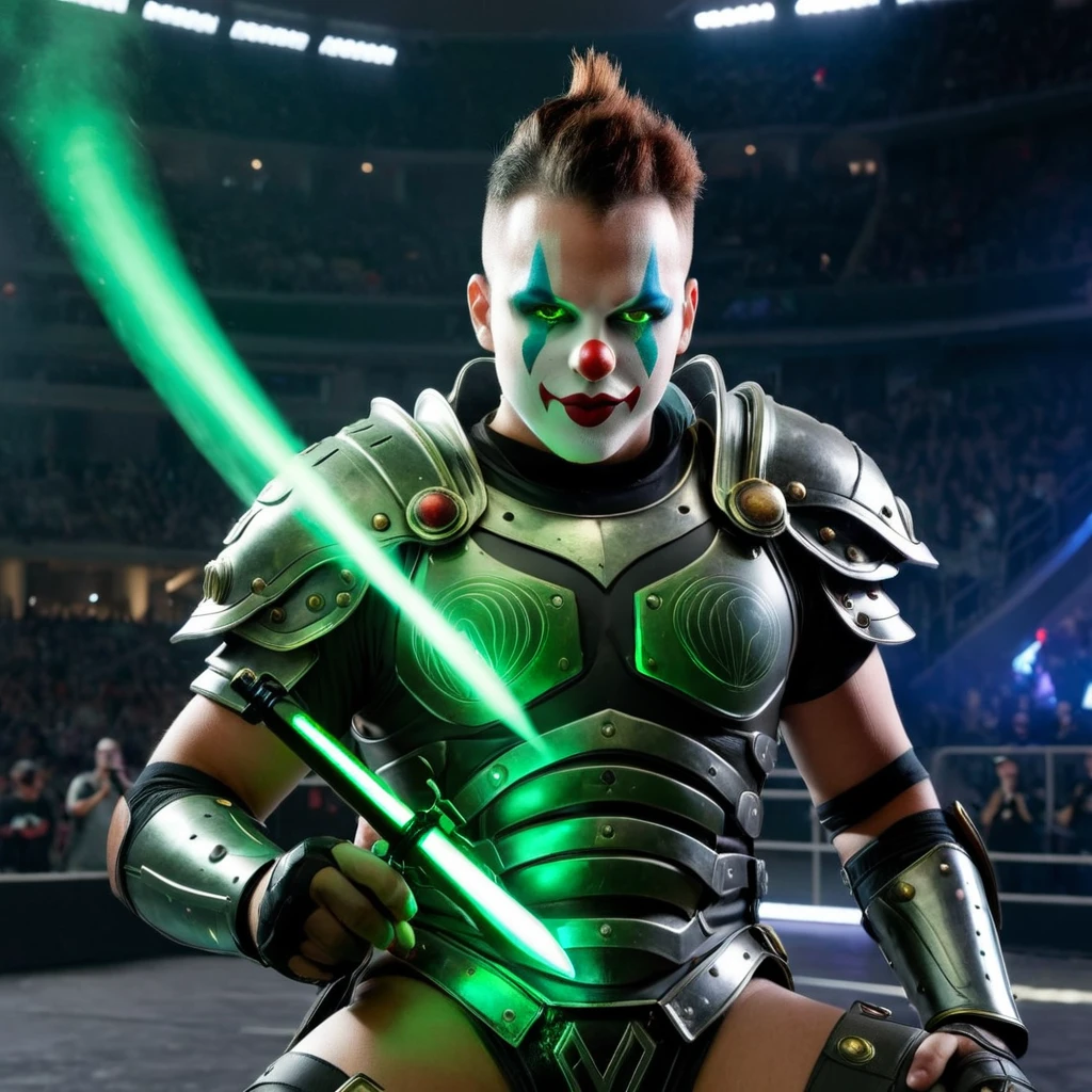 A futuristic gladiator clown with high-tech makeup, green holographic smoke rising from his face, and futuristic armor. The background is a dark, high-tech arena.