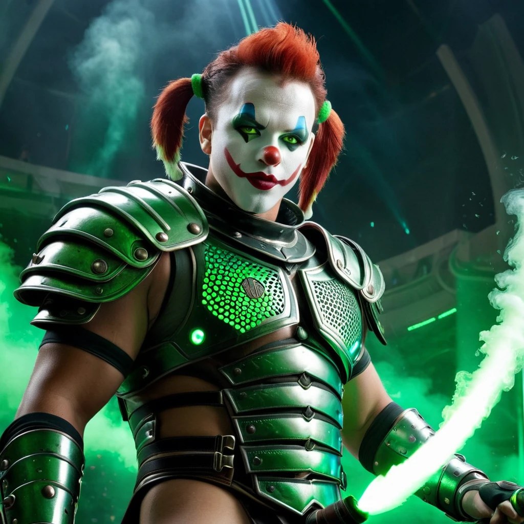 A futuristic gladiator clown with high-tech makeup, green holographic smoke rising from his face, and futuristic armor. The background is a dark, high-tech arena.