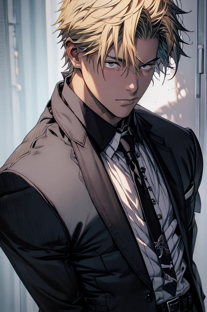 White collared shirt, Black tie, Black pants, Formal, masutepiece, Best Quality, High quality, 1boy, Solo, Male Focus, Looking at Viewer, Upper body, Denji, a blond