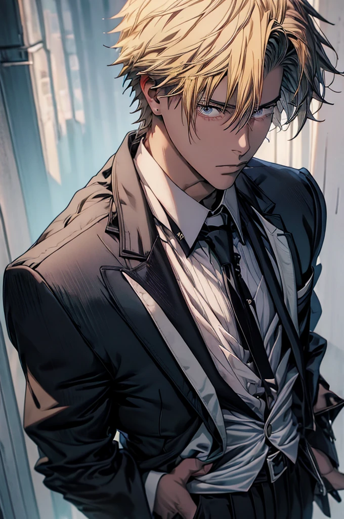 White collared shirt, Black tie, Black pants, Formal, masutepiece, Best Quality, High quality, 1boy, Solo, Male Focus, Looking at Viewer, Upper body, Denji, a blond