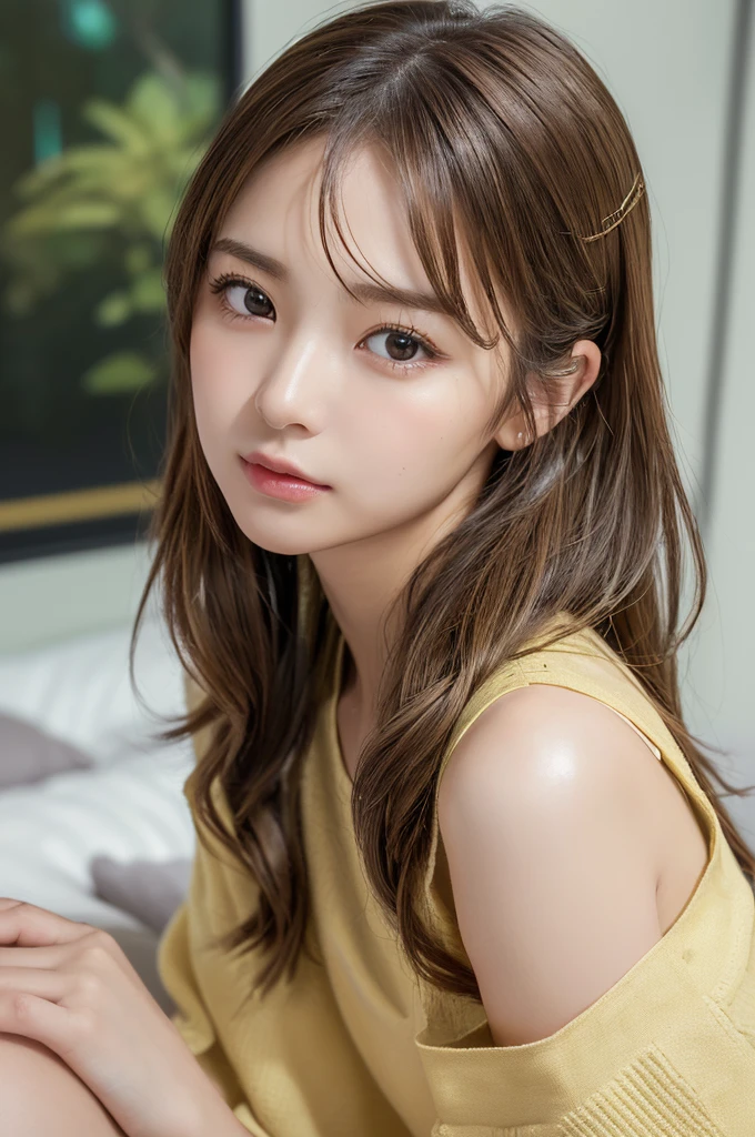 (((Browsing Caution)))、(masterpiece:1.5)、(Realistic:1.5)、(Highest quality:1.4、8K、RAW Photos)、 Ultra-high resolution、Professional Lighting、Perfect dynamic composition、Shot indoors、 Film Grain、chromatic aberration、(Bokeh:1.1)、 Frank、Sophisticated、charm、超Realistic、High detail、Golden Ratio、 (1 Girl)、Slender girl、繊細でcharm女の子、Cute Woman:1.4、 Serious expression、Looking at the audience、Sculpture Pose、Hands on hips、Sitting on the bed、Light brown hair、Shiny Hair、Hairstyle: Ponytail、 Realistic looking skin、 Shut your mouth.、Beautiful Eyes、double eyelid、Thin arms、Show off your thighs