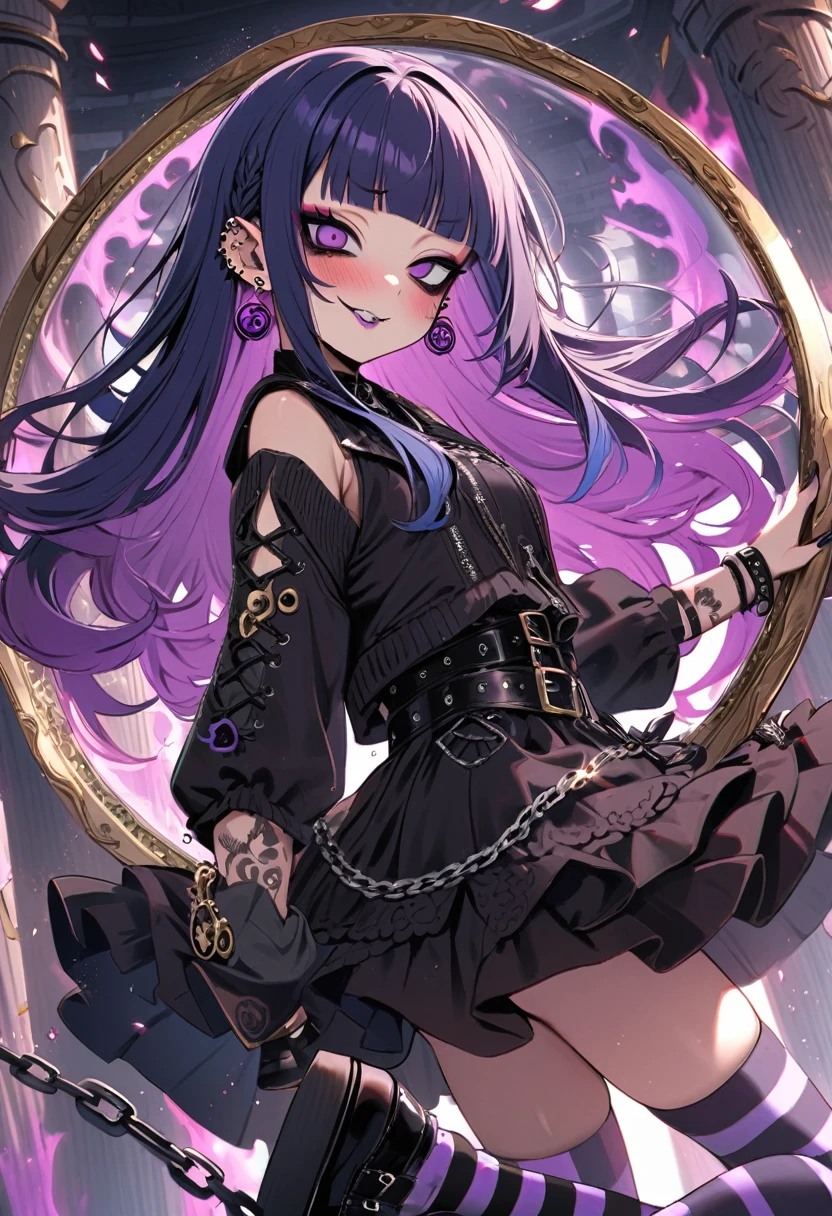 jirai kei, harajuku, hime cut, blunt bangs, purple eyes, punk fashion, dark persona, makeup, striped thighhighs, torn long skirt, ecstasy, blush, piercings, from side, long hair, bags under eyes, evil grin, red and black and blue hair, octagonal yin yang mirror, pillars of purple fire, 1 girl, runes, platform footwear, gold decoration, earrings, chains, bracelets, yin yang, belts, tassel, beautiful art, depth of field, high res, perfect face, detailed outfit