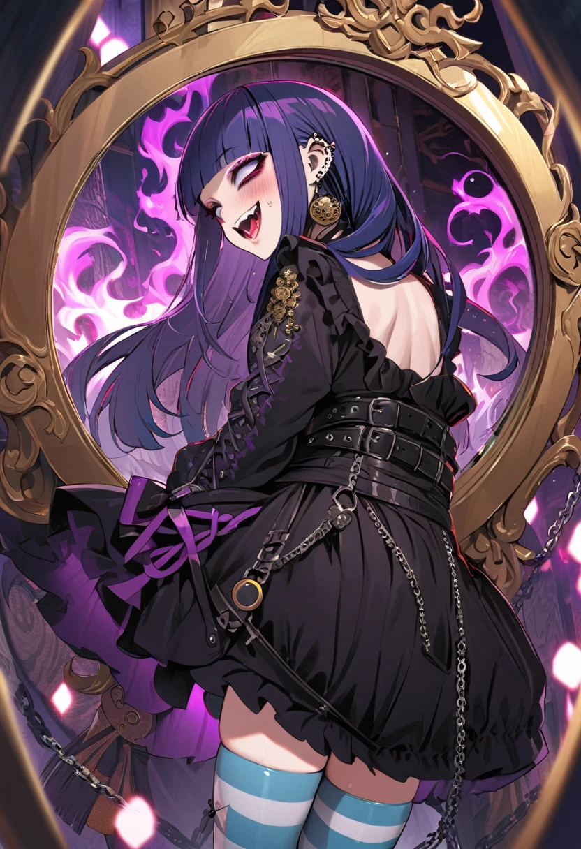 jirai kei, harajuku, hime cut, blunt bangs, purple eyes, punk fashion, dark persona, makeup, striped thighhighs, torn long skirt, ecstasy, blush, piercings, from side, long hair, bags under eyes, evil grin, red and black and blue hair, octagonal yin yang mirror, pillars of purple fire, 1 girl, runes, platform footwear, gold decoration, earrings, chains, bracelets, yin yang, belts, tassel, beautiful art, depth of field, high res, perfect face, detailed outfit