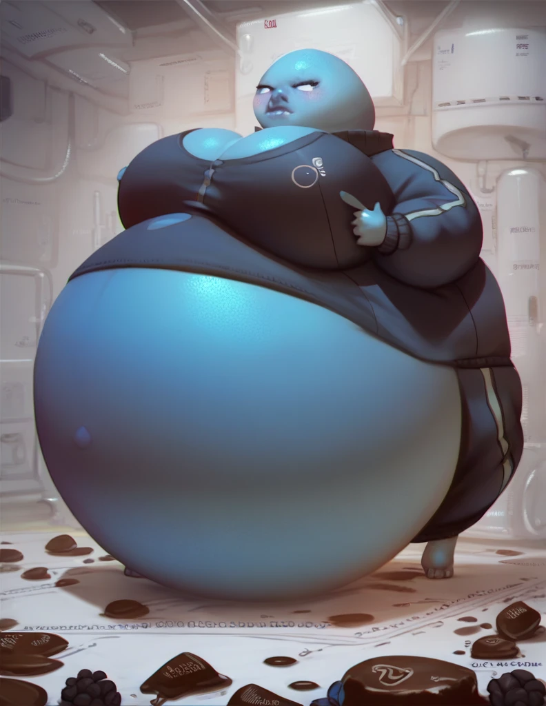 score_9, score_8_up, score_7_up, score_6_up, score_5_up, score_4_up, desolate, detailed background, female, blue bob, blue tracksuit, inflating, hyper belly, blue skin, in a chocolate factory, by borisalien