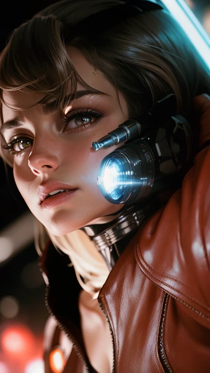 Arafed woman in a leather jacket holding a big light., Movie still of a cyborg., Movie still of a cyborg genial., science fiction attractive face, beautiful white cyborg girl, Natalie Portman and Star Trek, crystal cyborg, science fiction woman, movie still of a cyborg villain, cyborg movie frame, perfect cyborg woman, beautiful cyborg girl