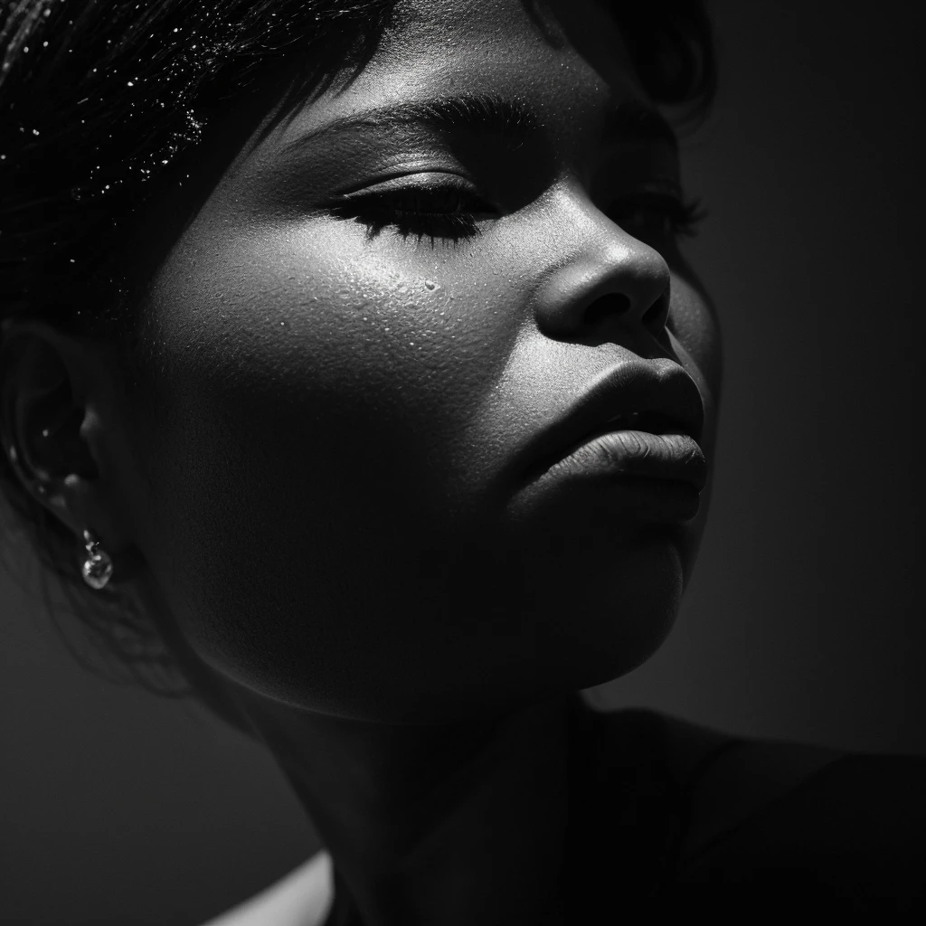 a beautiful black girl with a water teardrop running down her face and a black background, inspired by casey baugh, light falling on face, by casey baugh, stars in her gazing eyes, inspired by Roy DeCarava, noir photorealism, mysterious portrait of a woman, inspired by Anna Füssli, chiaroscuro portrait, grainy black and white photo. close up on side profile