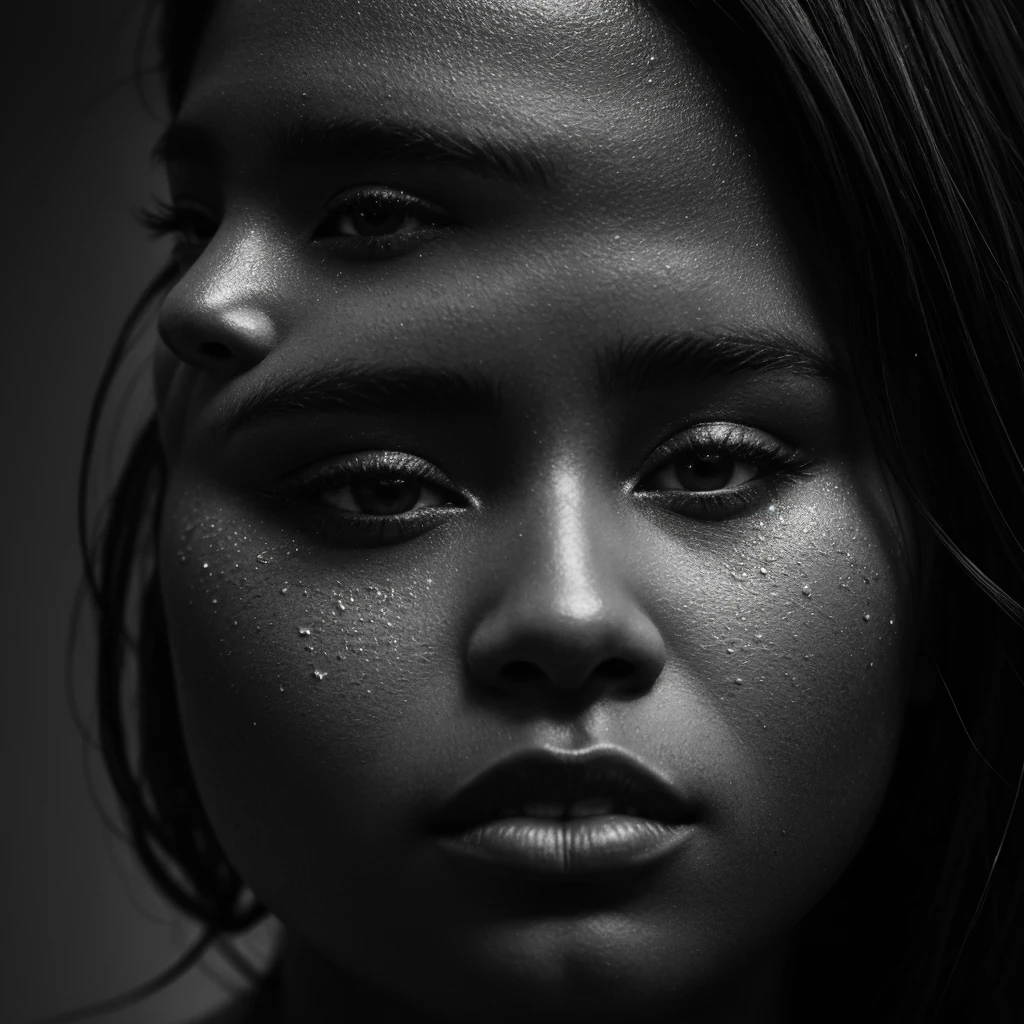 a beautiful black girl with a water teardrop running down her face and a black background, inspired by casey baugh, light falling on face, by casey baugh, stars in her gazing eyes, inspired by Roy DeCarava, noir photorealism, mysterious portrait of a woman, inspired by Anna Füssli, chiaroscuro portrait, grainy black and white photo. close up on side profile