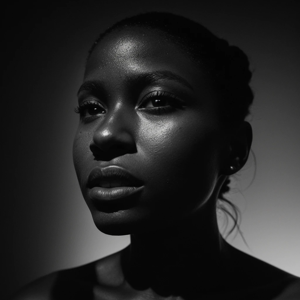 a beautiful black girl with a water teardrop running down her face and a black background, inspired by casey baugh, light falling on face, by casey baugh, stars in her gazing eyes, inspired by Roy DeCarava, noir photorealism, mysterious portrait of a woman, inspired by Anna Füssli, chiaroscuro portrait, grainy black and white photo. close up on side profile