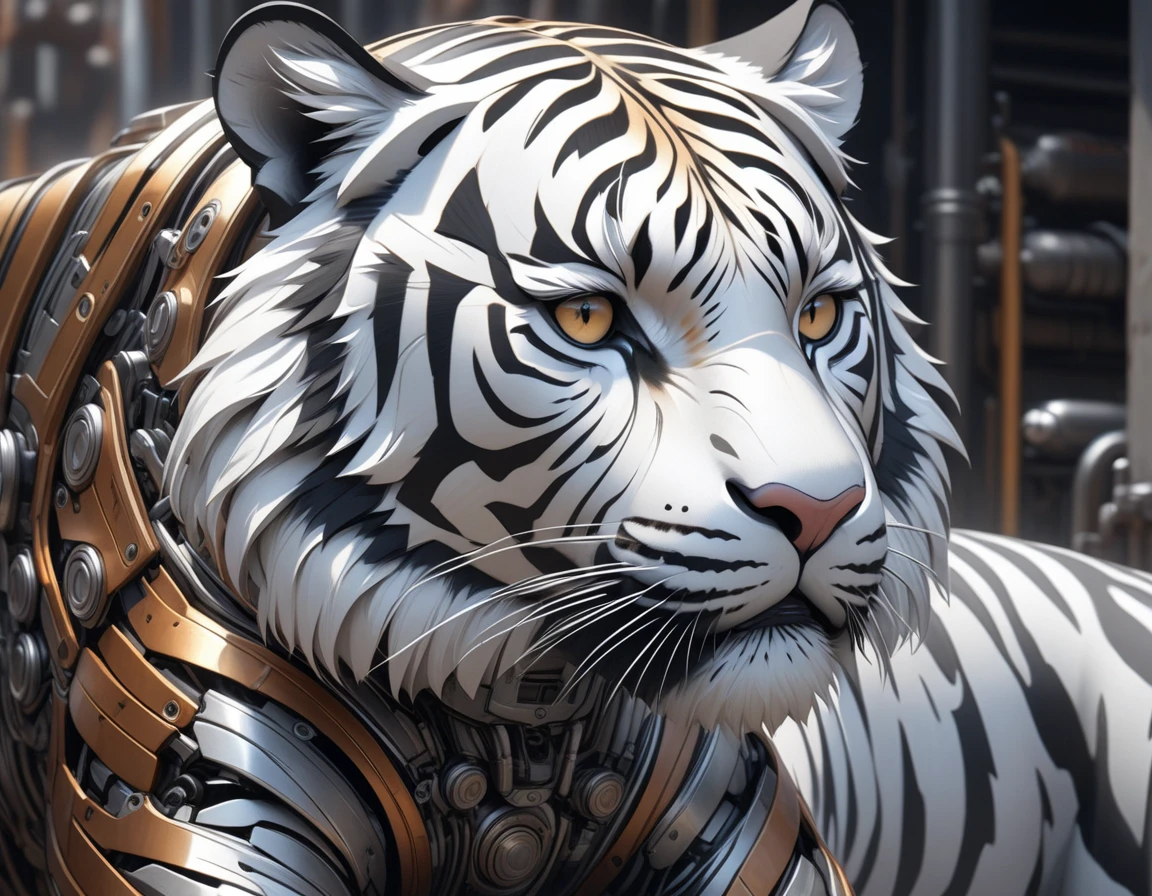 Ultra-realism, ((Masterpiece)), ((Best Quality)), (Very Detailed), ((Very Detailed)), 4K, (8K), very aesthetic, absurdres highres, Create highly textured mechanical tiger artwork. This tiger has a metallic sheen and realistic texture and is constructed with detailed mechanical elements. The colors are metallic gray and silver, with hints of rust, giving it an aged but advanced technological look. The background is simple and focuses on the intricacy and craftsmanship of the tiger design.
