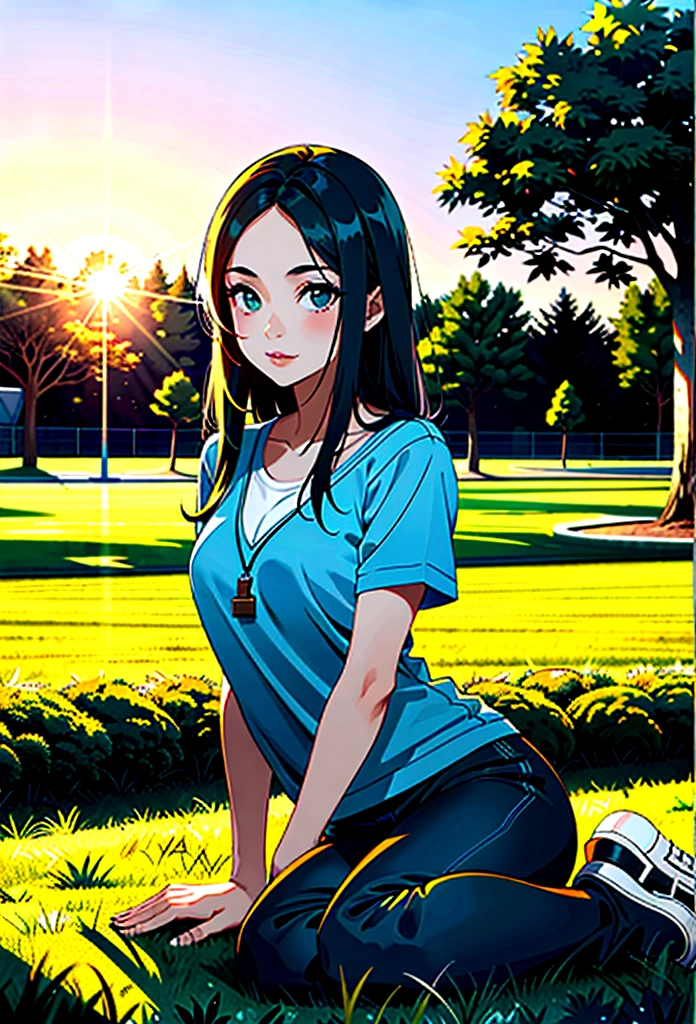 (best qualityer) 1 beautiful girl on a green lawn looking at the sunset