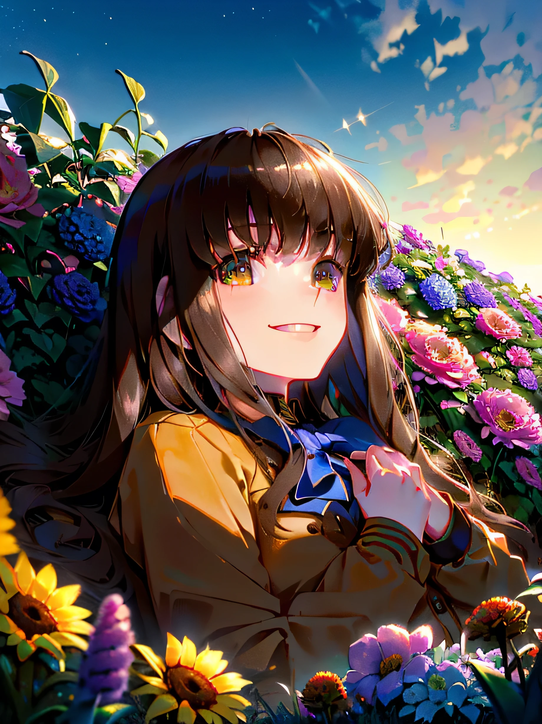 absurdres, uhd, best quality, CG, HDR, 1girl, hmkh1, brown hair, long hair, blue bowtie, blue bow, brown mini skirt, brown jacket, black pantyhose, smile, looking at viewer, laying in a field of flowers, laying down, fetal position, garden, daytime,