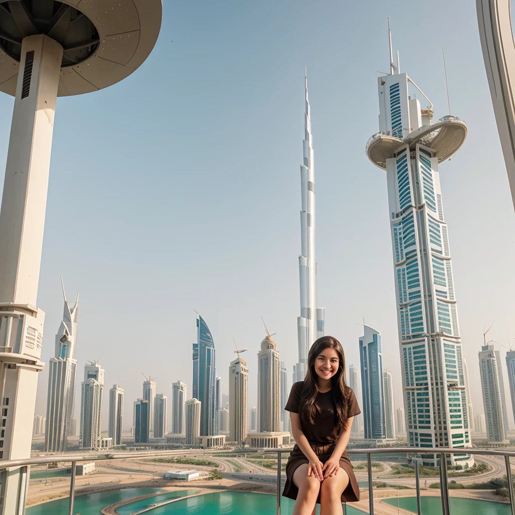 generated a 21 years old young white woman with dark brown hairstyle, she sit on artificial cell tower in Dubai, with his arms outstretched smiling at the camera. In front him there's the cityscape of dubai, shot by Canon EOS-5D Mark III