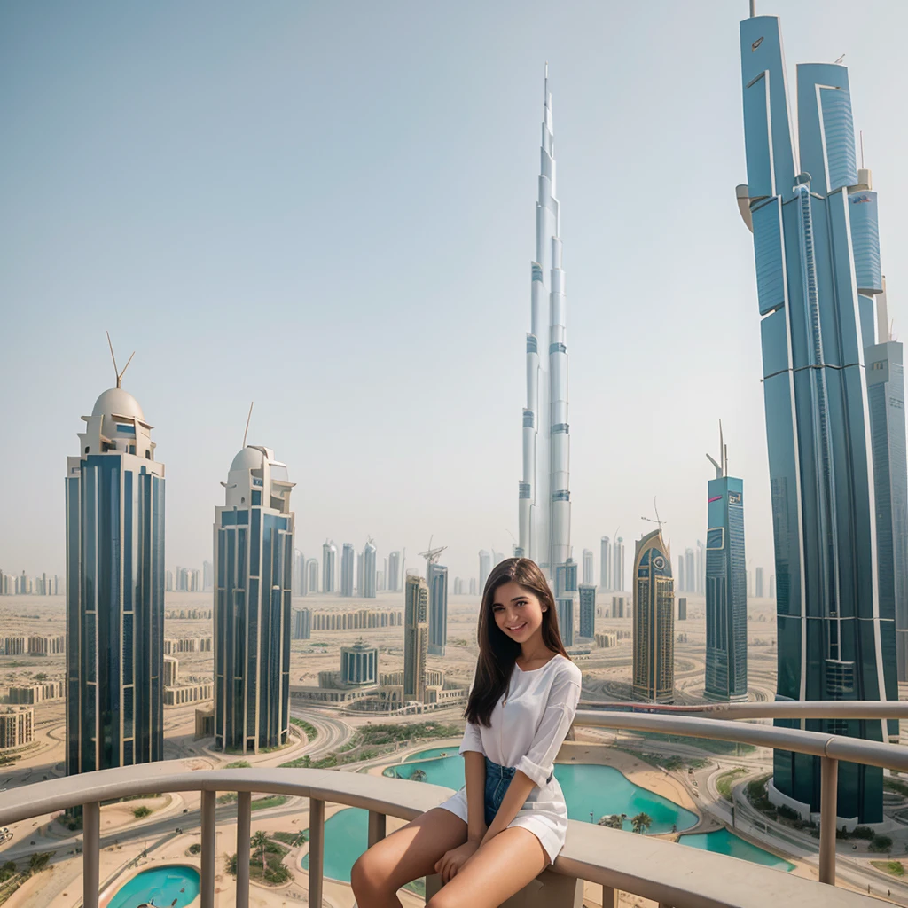 generated a 21 years old young white woman with dark brown hairstyle, she sit on artificial cell tower in Dubai, with his arms outstretched smiling at the camera. In front him there's the cityscape of dubai, shot by Canon EOS-5D Mark III