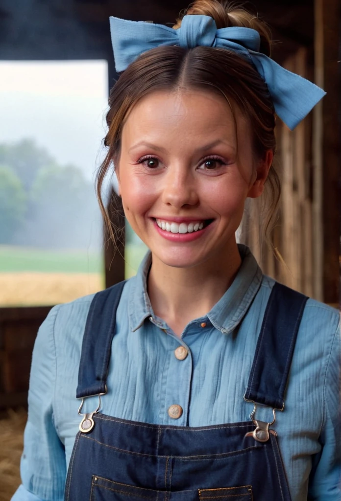 high resolution close up headshot portrait of m1ag0th woman,hair bun tied with bow,wearing sky blue shirt and dark denim overalls,smiling,masterpiece,surreal lighting,volumetric lighting,volumetric fog,boked,depth of field,cinematic,barn interior background